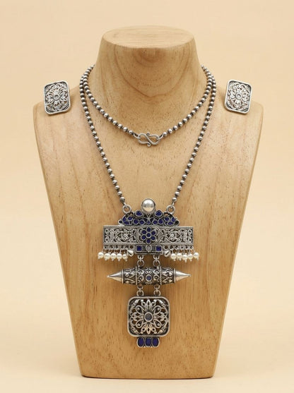 Silver Oxidized Floral Filigree Pendant Necklace Set with Blue Stones for Women - Ethnic Wear