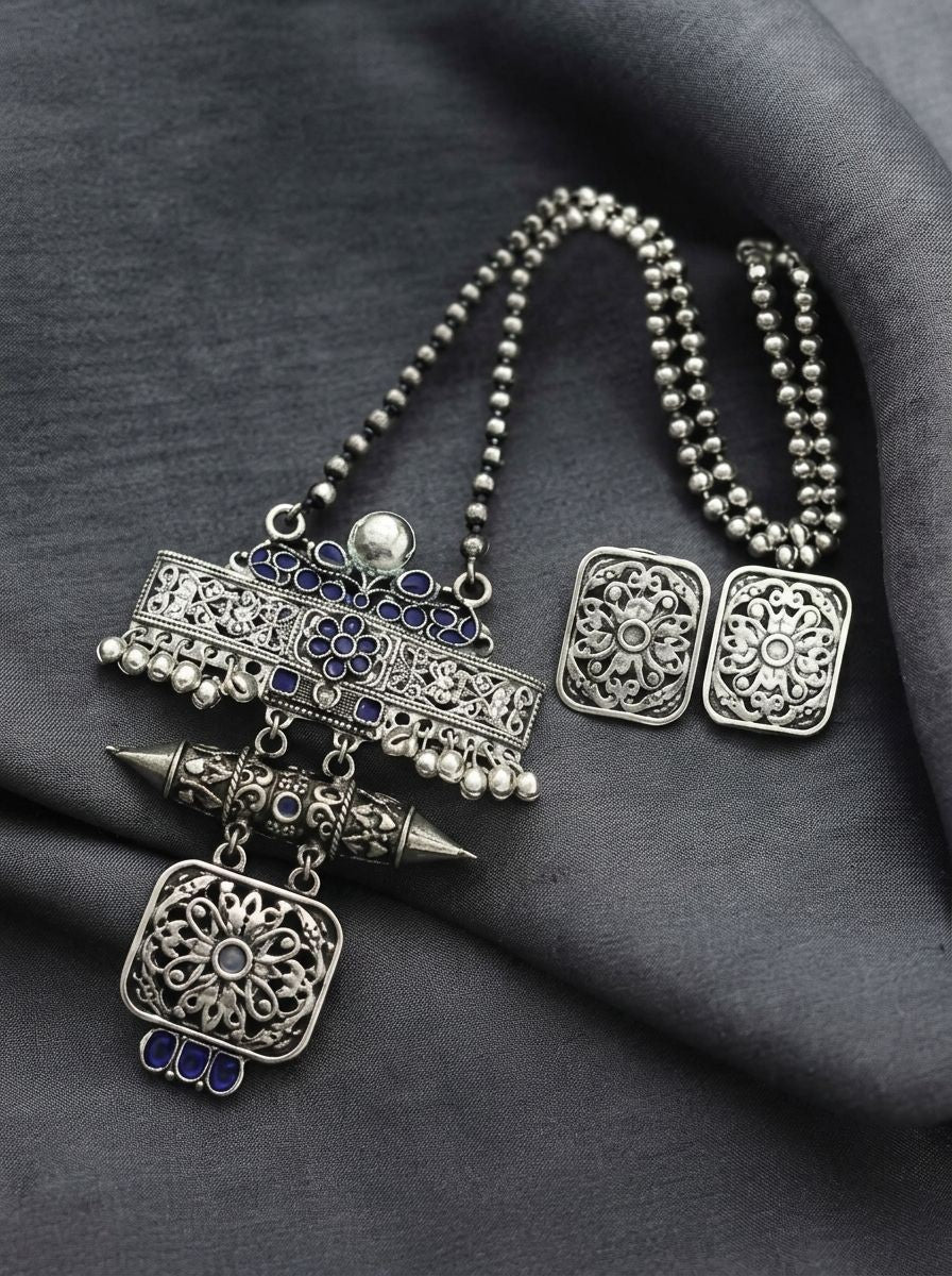 Silver Oxidized Floral Filigree Pendant Necklace Set with Blue Stones for Women - Ethnic Wear