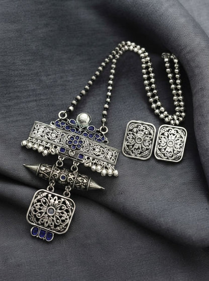 Silver Oxidized Floral Filigree Pendant Necklace Set with Blue Stones for Women - Ethnic Wear
