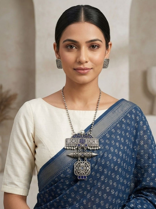 Silver Oxidized Floral Filigree Pendant Necklace Set with Blue Stones for Women - Ethnic Wear