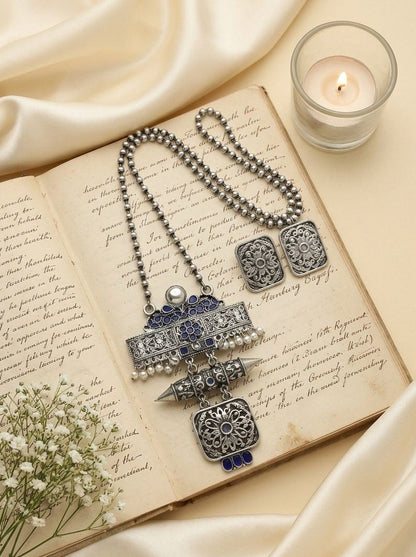 Silver Oxidized Floral Filigree Pendant Necklace Set with Blue Stones for Women - Ethnic Wear