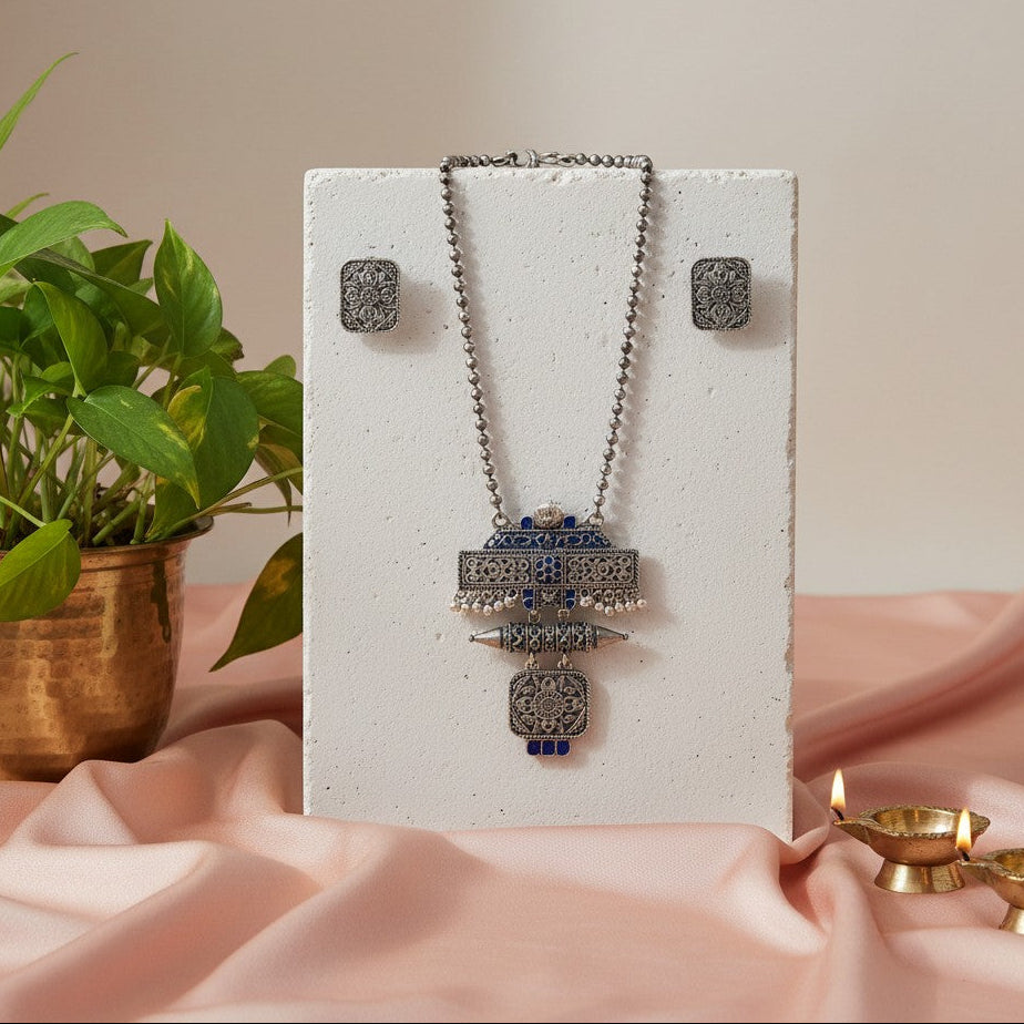 Silver Oxidized Floral Filigree Pendant Necklace Set with Blue Stones for Women - Ethnic Wear