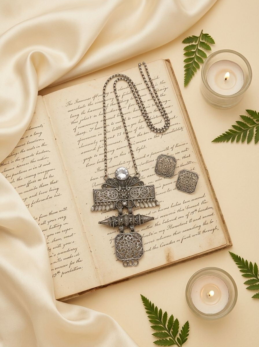 Silver Oxidized Floral Filigree Pendant Necklace Set with Green Stones for Women - Ethnic Wear