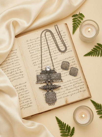 Silver Oxidized Floral Filigree Pendant Necklace Set with Green Stones for Women - Ethnic Wear