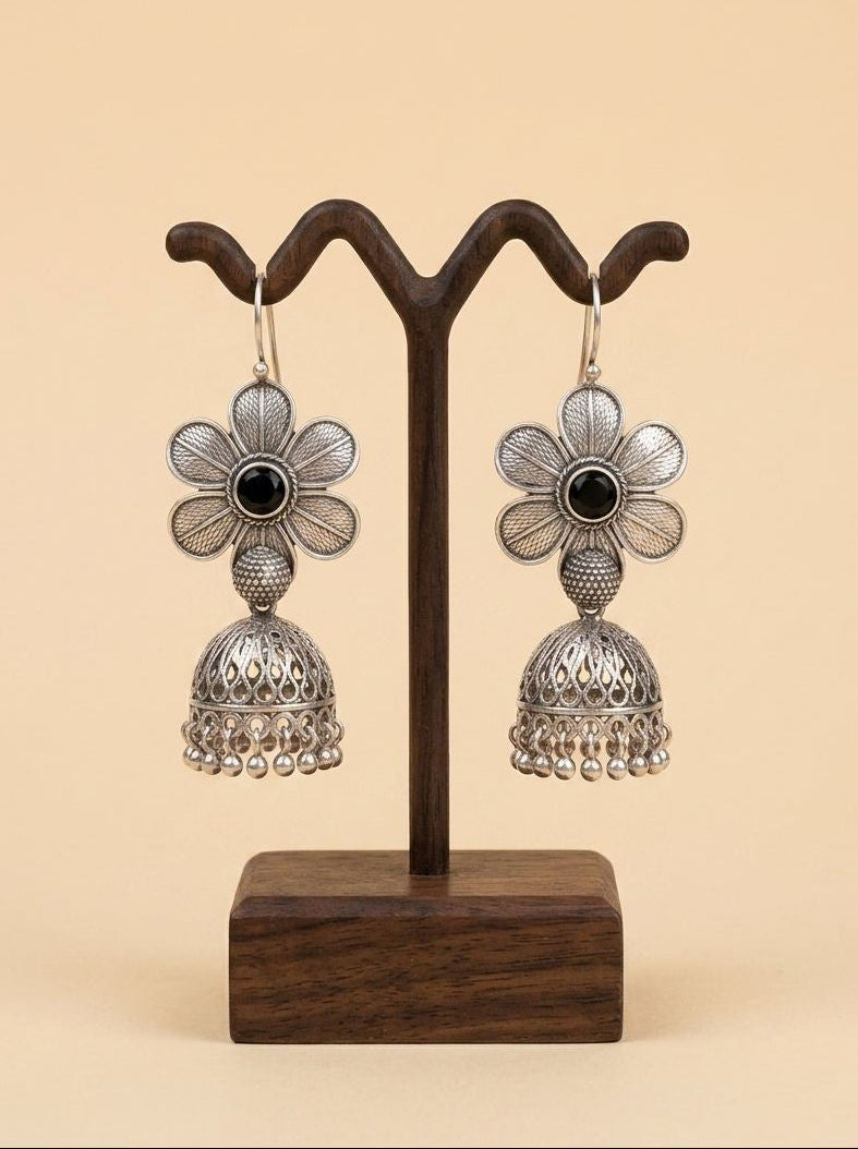 Silver Oxidized Floral Jhumka Earrings with Black Stone for Women - Ethnic Everyday Wear 