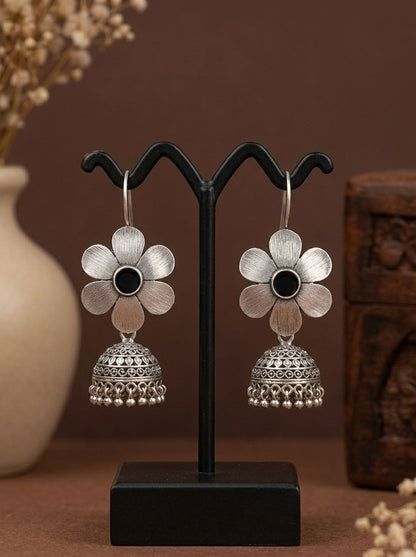 Silver Oxidized Floral Jhumka Earrings with Black Stone for Women - Ethnic Everyday Wear 