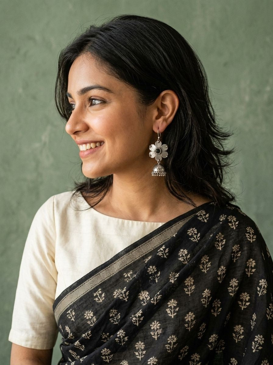 Silver Oxidized Floral Jhumka Earrings with Black Stone for Women - Ethnic Everyday Wear 