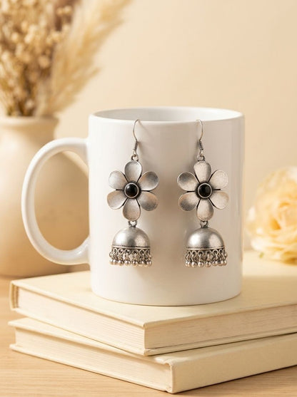 Silver Oxidized Floral Jhumka Earrings with Black Stone for Women - Ethnic Everyday Wear 