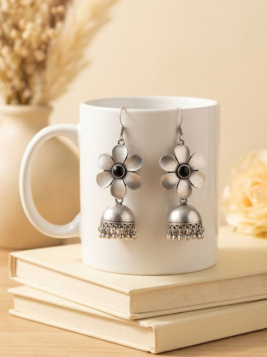 Silver Oxidized Floral Jhumka Earrings with Black Stone for Women - Ethnic Everyday Wear 