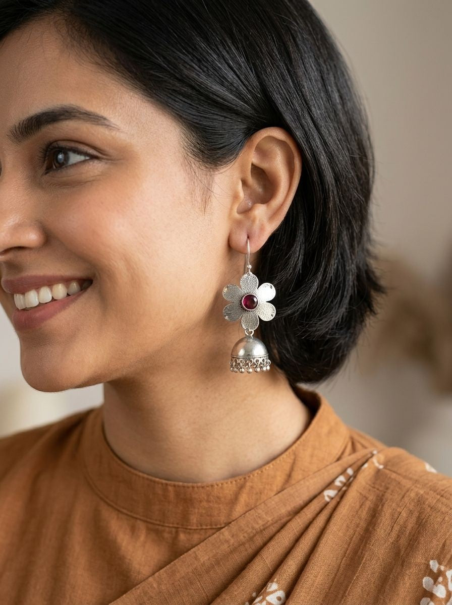 Silver Oxidized Floral Jhumka Earrings with Maroon Stone for Women - Ethnic Everyday Wear