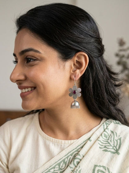 Silver Oxidized Floral Jhumka Earrings with Maroon Stone for Women - Ethnic Everyday Wear