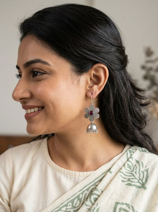 Silver Oxidized Floral Jhumka Earrings with Maroon Stone for Women - Ethnic Everyday Wear