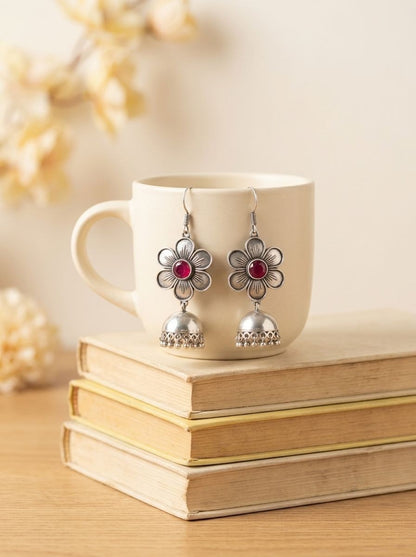 Silver Oxidized Floral Jhumka Earrings with Maroon Stone for Women - Ethnic Everyday Wear
