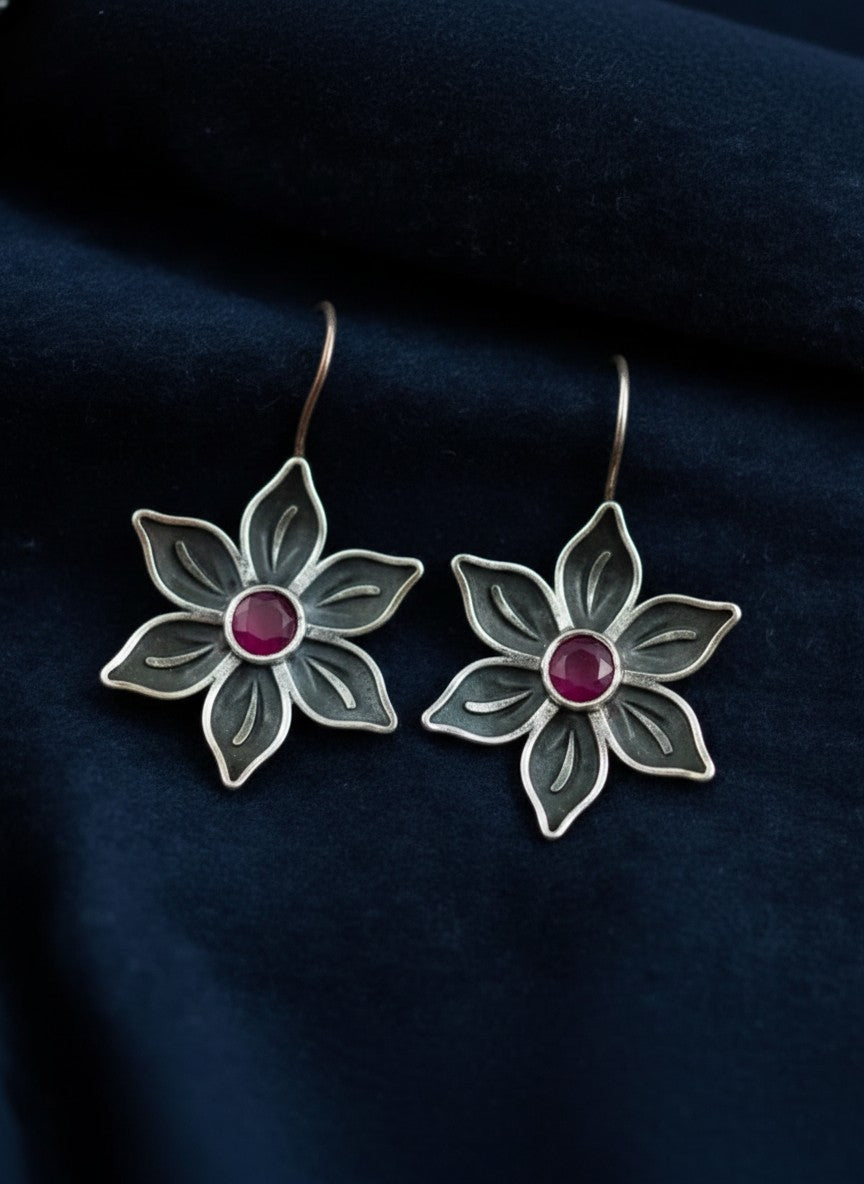 Silver Oxidized Floral Stone Hook Earrings for Women - Everyday Wear