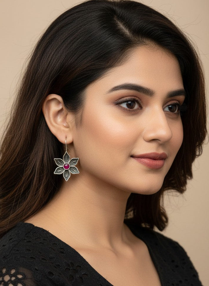 Model wearing Silver Oxidized Floral Stone Hook Earrings for Women - Everyday Wear