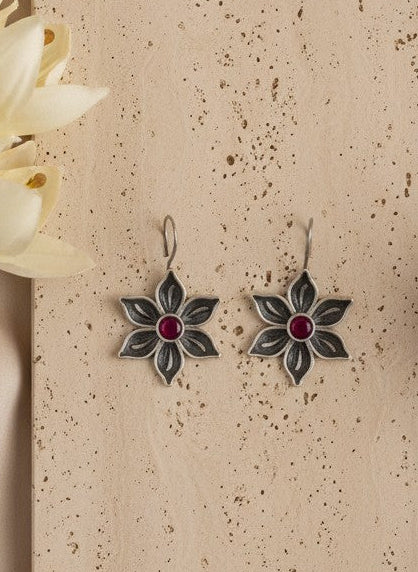 Silver Oxidized Floral Stone Hook Earrings for Women - Everyday Wear