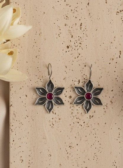 Silver Oxidized Floral Stone Hook Earrings for Women - Everyday Wear