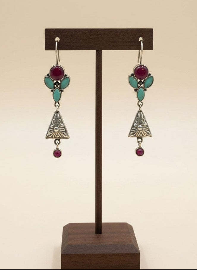 Silver Oxidized Floral Triangle Dangler Earrings with Ruby & Light Blue Stones for Women - Occasion Wear
