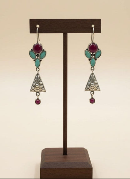 Silver Oxidized Floral Triangle Dangler Earrings with Ruby & Light Blue Stones for Women - Occasion Wear
