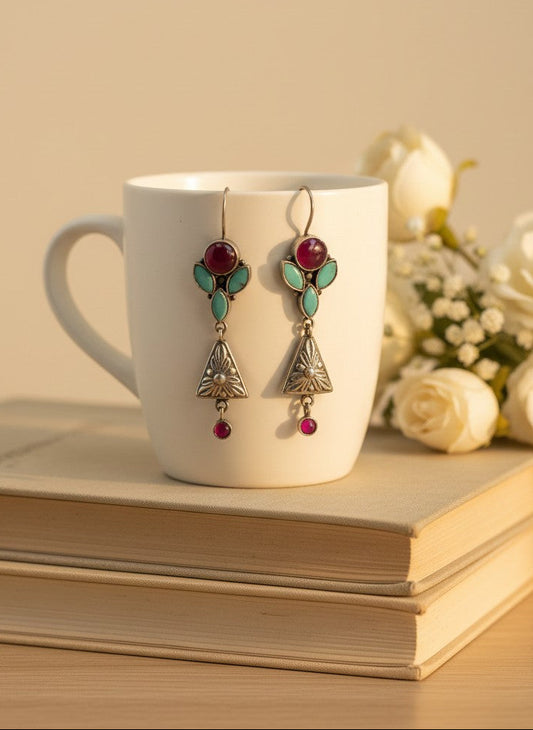Silver Oxidized Floral Triangle Dangler Earrings with Ruby & Light Blue Stones for Women - Occasion Wear
