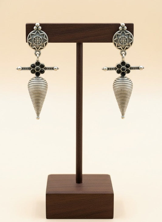 Silver Oxidized Floral Tribal Cone Drop Earrings for Women - All Occasions wear 