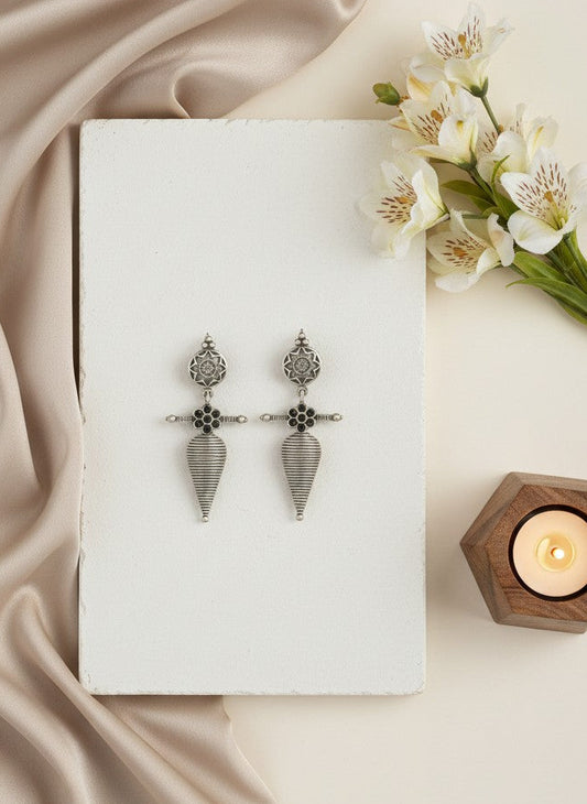 Silver Oxidized Floral Tribal Cone Drop Earrings for Women - All Occasions wear 