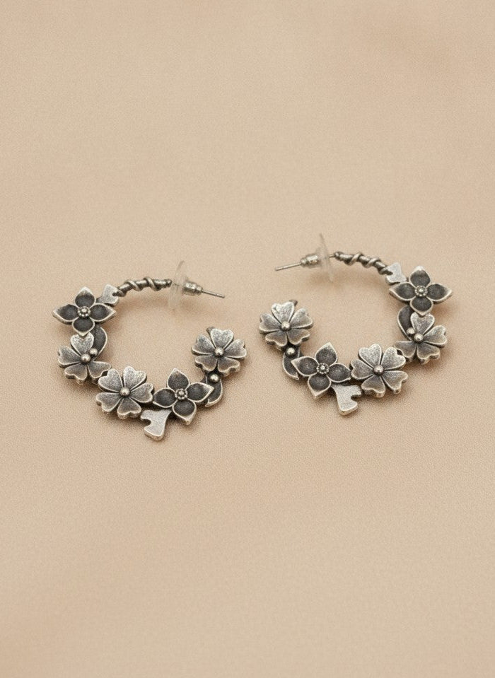 Silver Oxidized Floral Vine Hoop Earrings for Women - Casual Everyday Wear