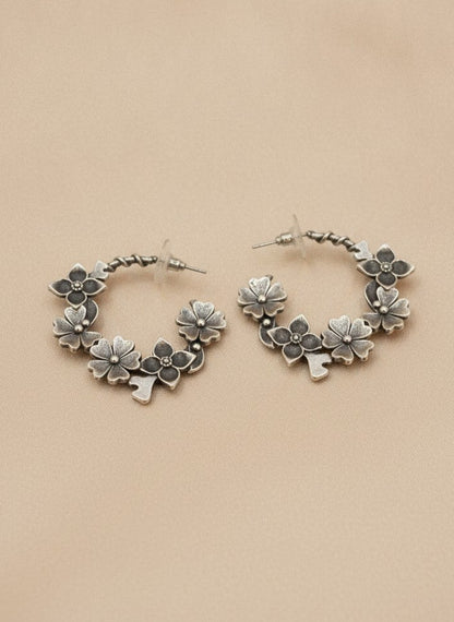 Silver Oxidized Floral Vine Hoop Earrings for Women - Casual Everyday Wear