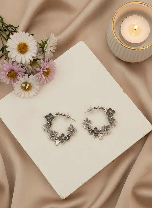 Silver Oxidized Floral Vine Hoop Earrings for Women - Casual Everyday Wear