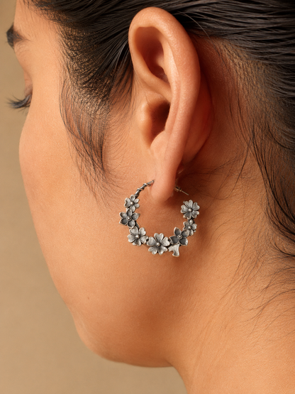 Silver Oxidized Floral Vine Hoop Earrings for Women - Casual Everyday Wear