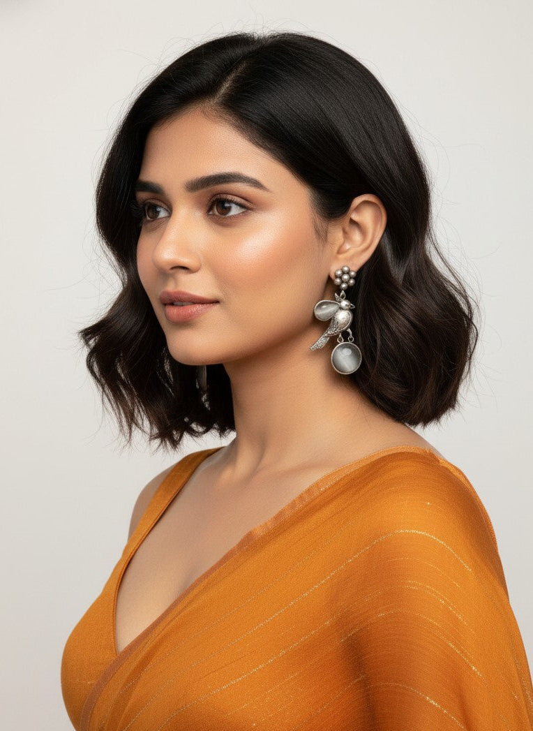 Model wearing Silver Oxidized Floral and Bird Motifs Dangle Drop for Women - Special Occasions