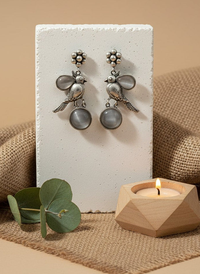 Silver Oxidized Floral and Bird Motifs Dangle Drop for Women - Special Occasions