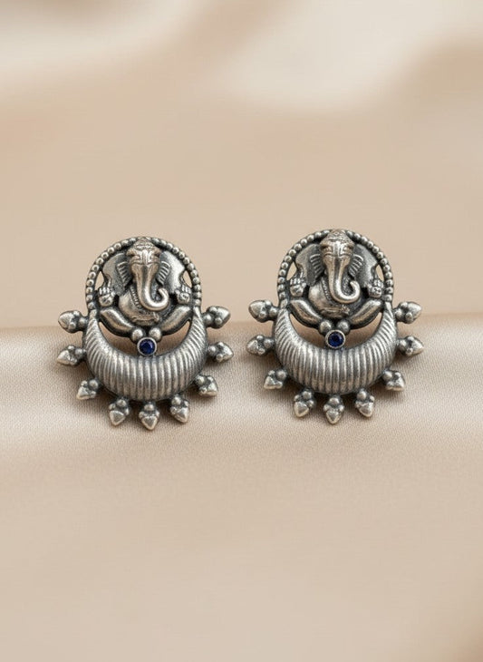 Silver Oxidized Ganesha Motif Stud Earrings with Intricate Detailing for Women - Special Occasions