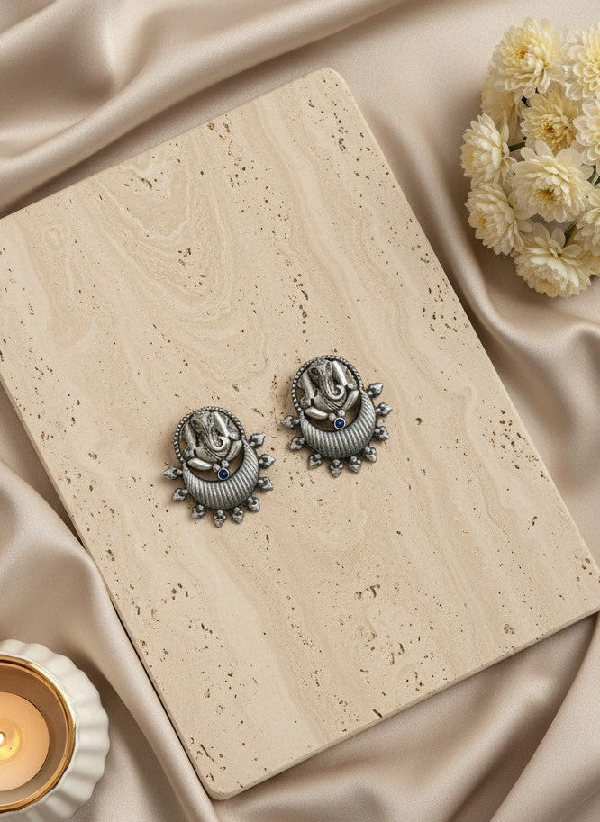 Silver Oxidized Ganesha Motif Stud Earrings with Intricate Detailing for Women - Special Occasions