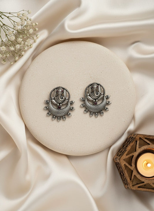 Silver Oxidized Ganesha Motif Stud Earrings with Intricate Detailing for Women - Special Occasions