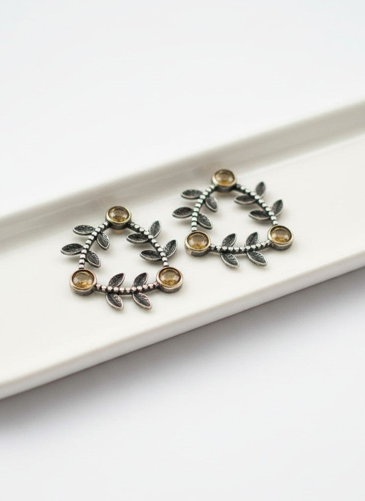 Silver Oxidized Geometric Pattern Leaf-Inspired Earrings for Women - All Occasions