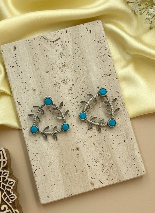 Silver Oxidized Geometric Pattern Leaf-Inspired Earrings in Turquoise stones for Women - Everyday Office Casual Wear