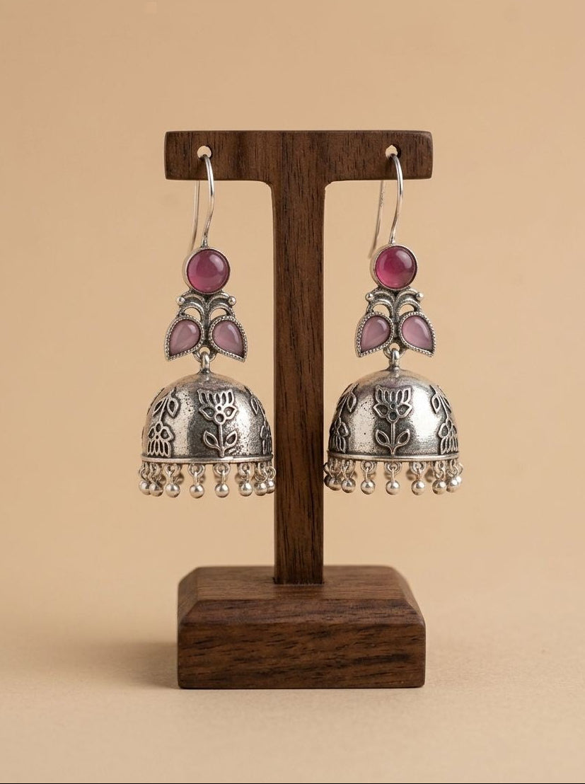 Silver Oxidized Handcrafted Floral Jhumka Earrings with Ruby Red & Pink Stones for Women – Ethnic Wear