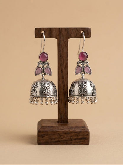 Silver Oxidized Handcrafted Floral Jhumka Earrings with Ruby Red & Pink Stones for Women – Ethnic Wear