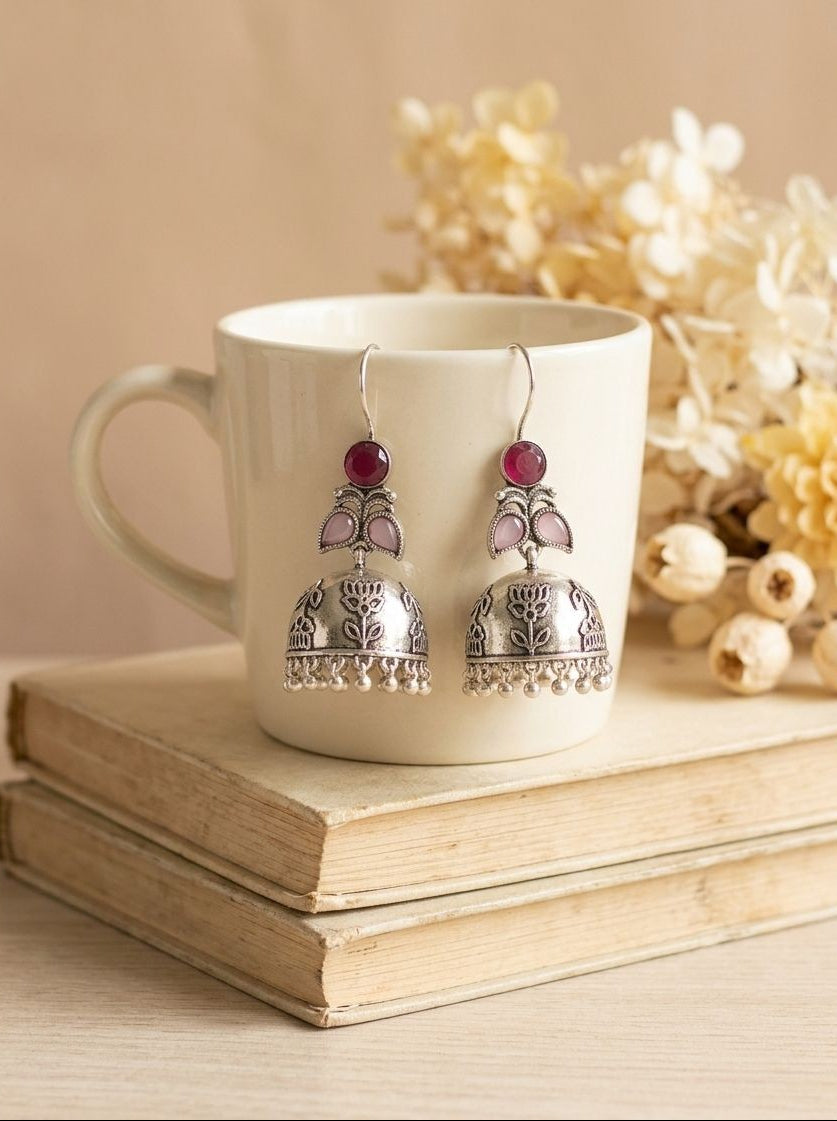Silver Oxidized Handcrafted Floral Jhumka Earrings with Ruby Red & Pink Stones for Women – Ethnic Wear
