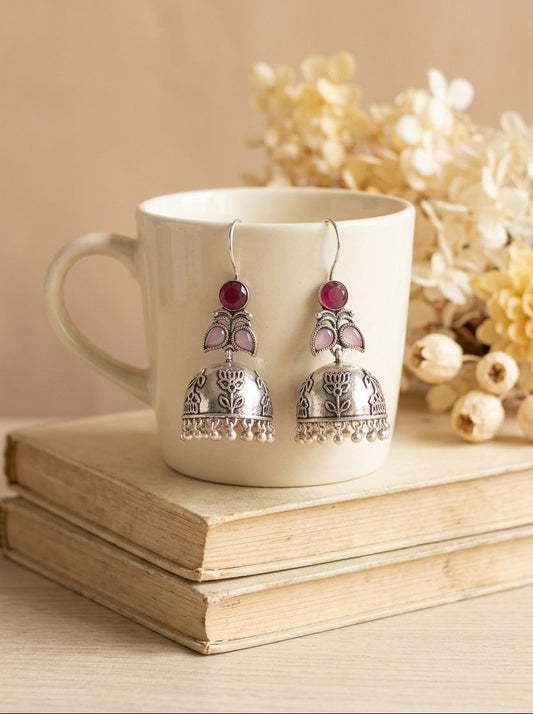 Silver Oxidized Handcrafted Floral Jhumka Earrings with Ruby Red & Pink Stones for Women – Ethnic Wear