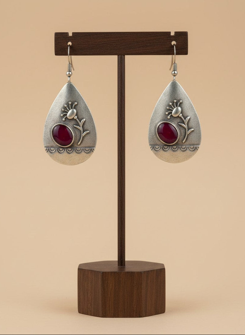 Silver Oxidized Handcrafted Floral Teardrop Hook Earrings with Pink Stone Accent for Women - Everyday Wear
