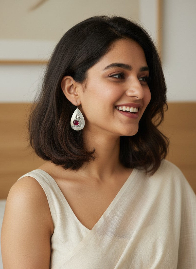 Silver Oxidized Handcrafted Floral Teardrop Hook Earrings with Pink Stone Accent for Women - Everyday Wear
