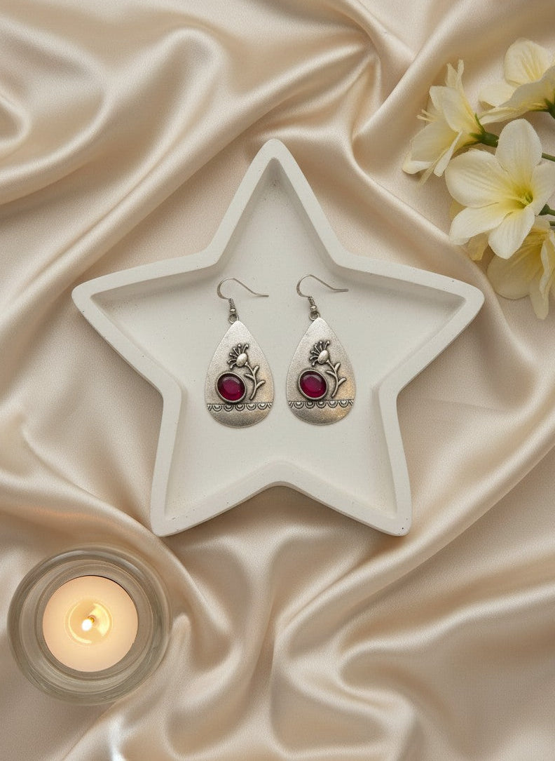 Silver Oxidized Handcrafted Floral Teardrop Hook Earrings with Pink Stone Accent for Women - Everyday Wear