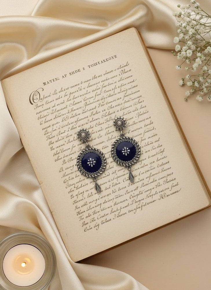 Silver Oxidized Handpainted Enamel Medallion Dangler Drop Earrings for Women - Statement Wear
