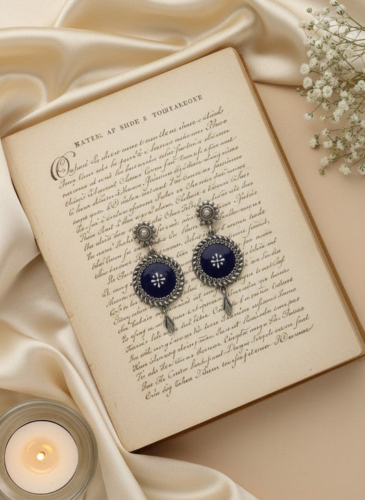 Silver Oxidized Handpainted Enamel Medallion Dangler Drop Earrings for Women - Statement Wear