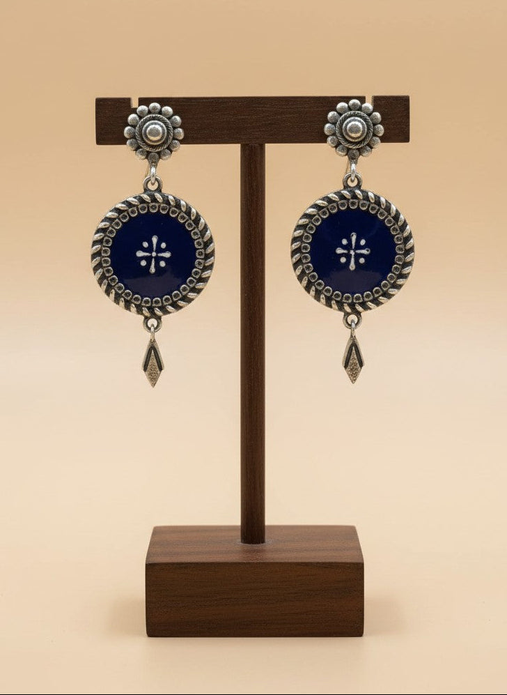 Silver Oxidized Handpainted Enamel Medallion Dangler Drop Earrings for Women - Statement Wear