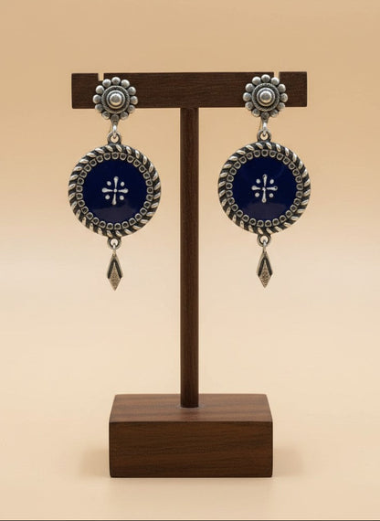 Silver Oxidized Handpainted Enamel Medallion Dangler Drop Earrings for Women - Statement Wear