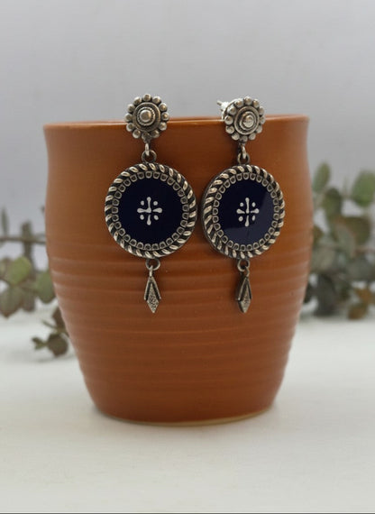 Silver Oxidized Handpainted Enamel Medallion Dangler Drop Earrings for Women - Statement Wear