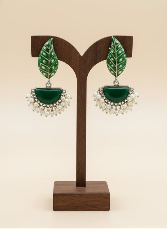 Silver Oxidized Handpainted Leaf & Green Monalisa Stone Earrings for Women - Festive Wear